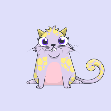 A cartoon illustration of a cute lavender and yellow spotted cat with large purple eyes sitting against a light purple background.