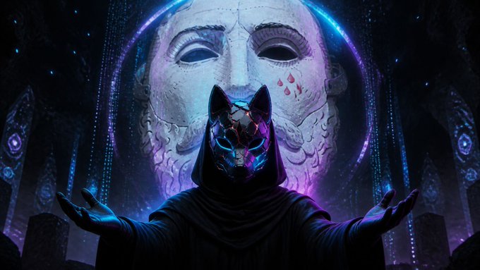 A hooded figure in a glowing fox mask stands before a massive stone deity face in a mystical, neon-lit shrine, arms raised in a ritualistic pose. The imagery evokes themes of mystery, digital identity, and hidden origins—mirroring the post's discussion of $TOTEM, a project focused on verifying provenance and accountability in AI-generated content.
