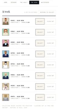 A portfolio page displaying various collectible works by Alan Sekm, including pieces titled 'Prosecutor 5', 'Anton', 'Hades 2', and 'Spades', with Collect and Claim options.