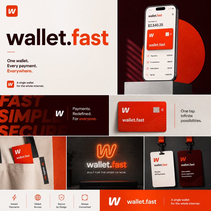 A branding showcase for "wallet.fast" featuring the logo, tagline "One wallet. Every payment. Everywhere.," and product imagery including a mobile app displaying a $2,540.25 total balance with payment, e-commerce, subscription, and tip transactions, alongside physical cards, neon signage, and keychains emphasizing the "Payments. Redefined. For everyone." concept.