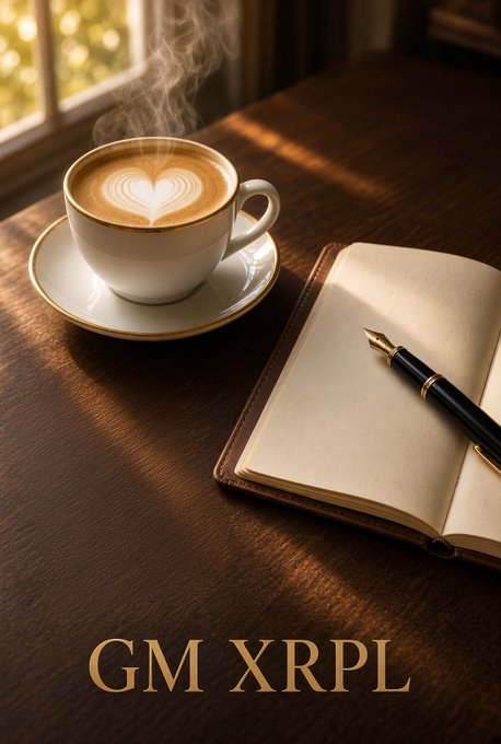 A steaming cup of cappuccino with heart latte art sits on a wooden table beside an open leather-bound notebook and a fountain pen, with 'GM XRPL' text at the bottom.