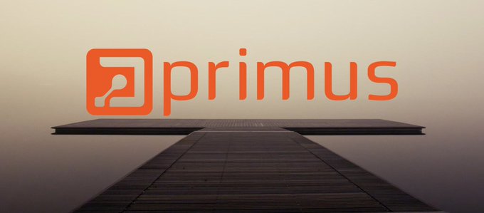 A logo image featuring the word 'primus' in orange text alongside an orange icon, displayed over a serene background of a wooden pier extending over calm water.