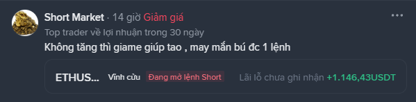 Screenshot of a trading app post titled "Short Market · 14 giờ Giảm giá" showing an open ETHUSDT short position with an unrealized loss of +1,146.43USDT.