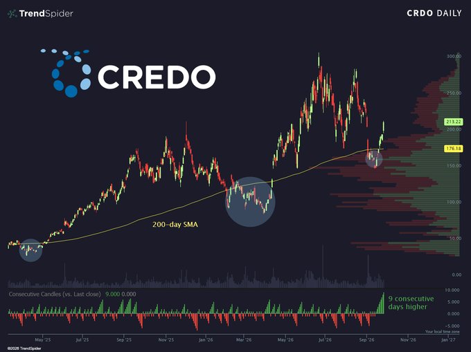 A TrendSpider daily chart of Credo (CRDO) shows the stock breaking out above its 200-day simple moving average at $176.18, with a consecutive candles indicator flagging 9 consecutive higher days and price now trading at $213.22—visually reinforcing the post's claim that CRDO is "on an absolute heater off the 200-day."