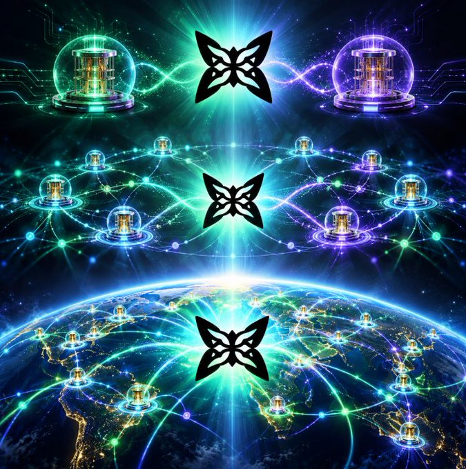 A stylized three-panel illustration depicts glowing quantum computing nodes connected by luminous networks—progressing from isolated quantum servers at the top, to a decentralized subnet mesh in the middle, to a globally distributed quantum network spanning Earth at the bottom—visually echoing Quip Network's three-act rollout of quantum advantage proofs described in the post.