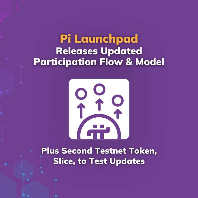 The image features a purple background with white text that reads "Pi Launchpad releases Updated Participation Flow & Model" along with an arrow pointing towards the bottom of the image, indicating the direction of the information provided. The image also includes a small square icon in the center, which is a white circle with three arrows pointing upwards and to the right. This icon represents the concept of testing updates for the Pi Launchpad platform.