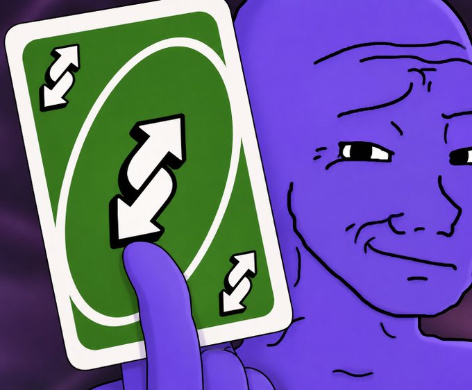 A meme-style illustration of a purple figure holding up a green Uno reverse card.