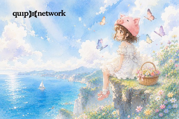 The image features a girl sitting on top of a cliff, wearing a pink hat with a pig's head design. She has a basket filled with flowers beside her. The background shows a beautiful view of the ocean and mountains, creating a serene atmosphere. The post also mentions that Quip network is featured in the image.