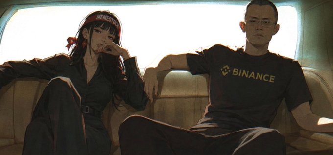 Anime-style illustration of a woman wearing a red "NEMESIS" headband and a man wearing a "BINANCE" shirt sitting on a couch.