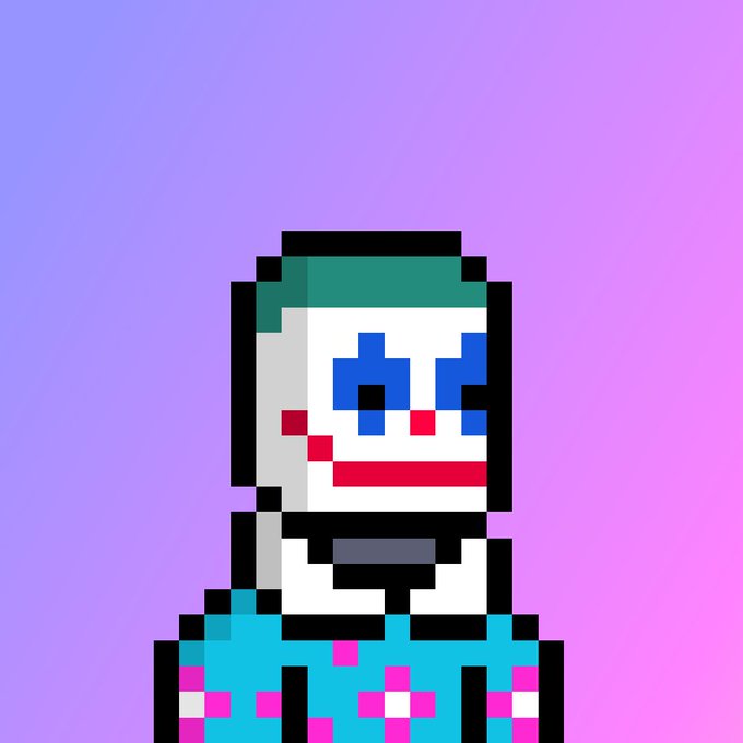 A pixel art character resembling the Joker is depicted against a purple gradient background, featuring white face makeup, blue markings around the eyes, red lips, and a teal floral shirt.