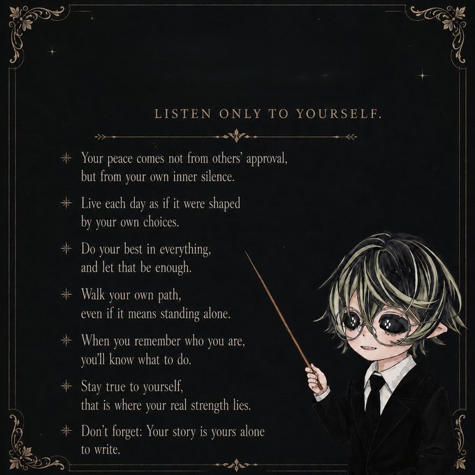 ikebana art style illustration with a black background, gold frame, and a boy holding a book titled "Listen Only to Yourself."