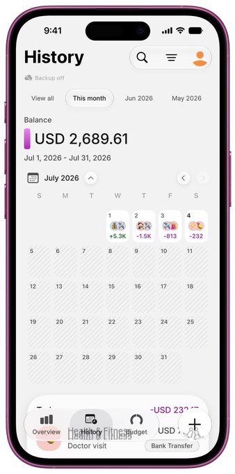 A smartphone screen displaying a finance/budgeting app's 'History' page with a balance of USD 2,689.61 for July 2026 and a calendar view with transaction icons.