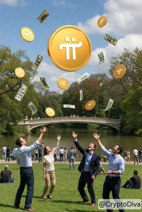 A digitally rendered scene shows joyful people in a park tossing Pi Network tokens and dollar bills into the air, with a stone bridge and lake in the background. The watermark "@CryptoDiva" appears in the bottom right corner, complementing the post's claim of massive capital inflows into the crypto market.