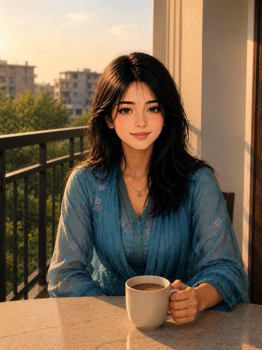 A young woman with long dark hair, wearing a flowing blue embroidered top and a delicate necklace, sits on a balcony holding a white coffee mug during golden hour, with city buildings and greenery visible in the soft sunset background. The serene, contemplative morning moment reflects the post's theme of thoughtful, hybrid approaches to complex problems—mirroring how quantum and classical computing must be paired thoughtfully, just as a quiet morning reflection pairs with focused intent.