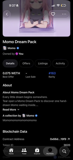 A screenshot of an NFT listing for the "Momo Dream Pack" on OpenSea, showing it is owned by "You" and has a rarity rank of #163, with a current best offer of 0.075 WETH. The post likely comments on the collection's current rarity ranking at #163.