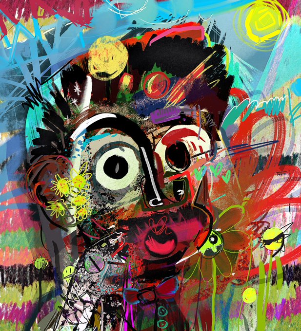 A vibrant, expressionistic mixed-media painting featuring a stylized face surrounded by bold brushstrokes, bright colors, and floral motifs.