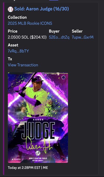 A digital trading card transaction screenshot showing a 'Sold: Aaron Judge (16/30)' from the '2025 MLB Rookie ICONS' collection, priced at 2.0500 SOL ($204.10).