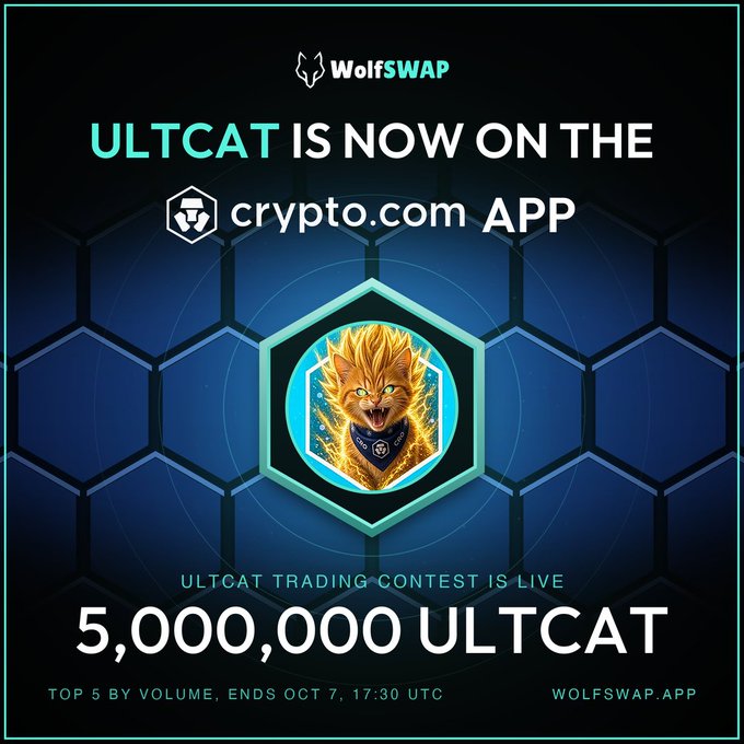A promotional graphic from WolfSWAP announcing 'ULTCAT IS NOW ON THE crypto.com APP', featuring a fierce golden cat illustration and details of a trading contest with a 5,000,000 ULTCAT prize pool ending Oct 7 at 17:30 UTC.