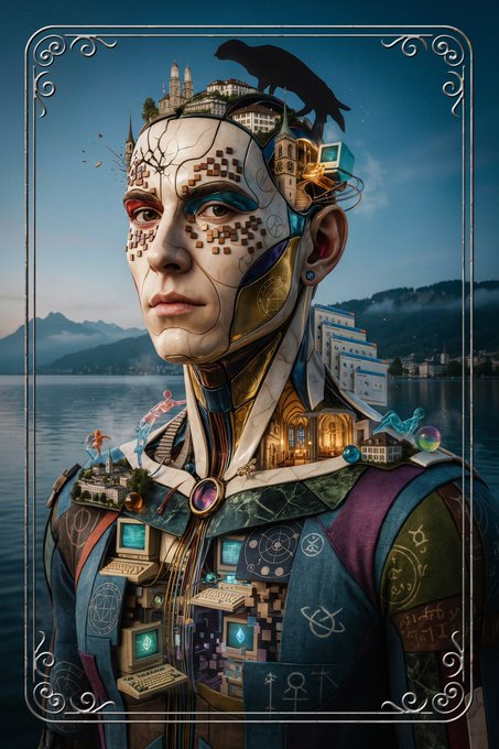 A surreal digital artwork depicting a cybernetic humanoid figure with buildings and circuitry integrated into its head and body, set against a misty lakeside backdrop.