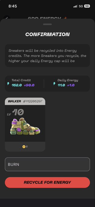 A mobile app confirmation screen for recycling sneakers, showing Total Credit of 162.0 (+90.0) and Daily Energy of 11.0 (+1.0) for a Level 10 Walker shoe, with a "RECYCLE FOR ENERGY" button.