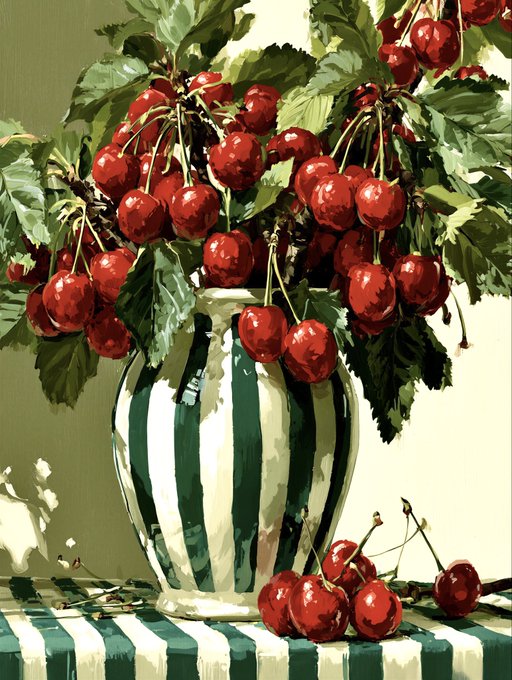 A still life painting shows a green and white striped vase overflowing with bright red cherries and green leaves, with additional cherries scattered on the striped table surface.