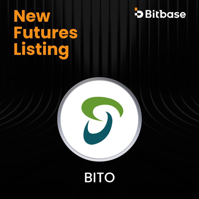 A promotional graphic from Bitbase exchange announcing a new futures listing for BITO, featuring the BITO logo (green and teal swirling design) on a black background with "New Futures Listing" displayed in orange text and the Bitbase logo in the top right corner. The announcement specifies a listing time of 9:00 am UTC on July 29, 2026, for the BITOUSDT trading pair.