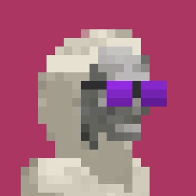 Pixel art of a hooded figure with a purple glowing visor against a magenta background.