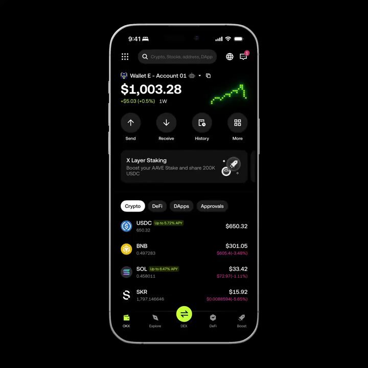 The image shows an advertisement for a trading platform that allows users to trade US stocks, crypto, and other financial assets through their mobile devices. The main focus of this advertisement is showcasing the Trading Competition offered by the wallet, which has a $300,000 USDC prize pool for those who successfully complete it. Users can trade tokenized US stocks and ETFs directly from their wallet, and the app provides real-time information about stock prices and trading activities on different exchanges. The image also highlights how the trading platform supports both US stocks and cryptocurrencies, giving users a diverse range of investment options to choose from.
