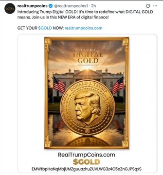 The image shows a promotional tweet from "RealTrumpCoins" advertising a new "Digital Gold" Trump-themed cryptocurrency featuring a gold coin with Trump's profile, set against an image of the White House. This aligns with the accompanying post's warning about celebrity and political meme coins, which often serve as vehicles for insider profit rather than legitimate investment opportunities.