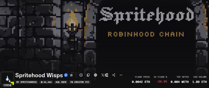 A promotional banner for Spritehood on Robinhood Chain, displaying a pixel art character and stats including a floor price of 0.0042 ETH, down 26.9% in 1D.