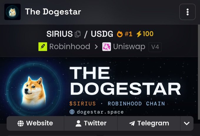 A screenshot of a token page on DEX Screener shows "The Dogestar" featuring the SIRIUS/USDG pair, ranked #1 with 100 lightning icons, available on Robinhood and Uniswap V4, with links to Website, Twitter, and Telegram and the URL dogestar.space, aligning with the celebratory post about $SIRIUS topping the trending chart on Robinhood Chain.