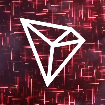 The image displays the TRON logo, a white geometric diamond shape set against a dark background with glowing red and pink digital grid patterns, symbolizing blockchain technology and network connectivity. This visual aligns with the post's description of TRON's DPoS consensus mechanism, as the grid-like backdrop represents the decentralized network of Super Representatives securing the blockchain.