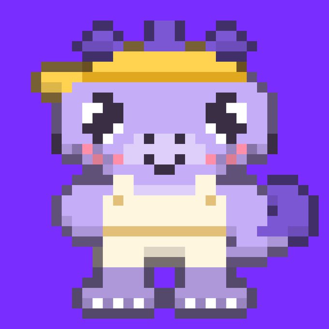 A pixel art illustration of a cute purple dinosaur or monster character wearing a yellow hat and white overalls against a purple background.