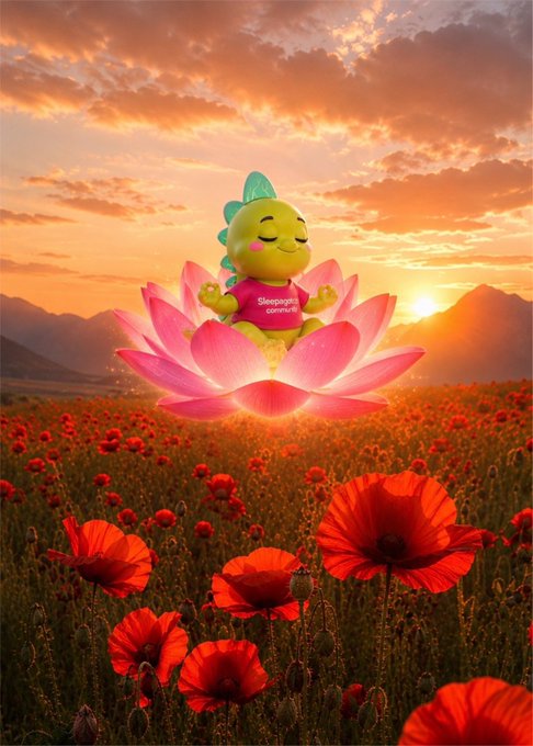 A cute green dinosaur character wearing a pink shirt that reads "Sleepagotchi" meditates peacefully on a glowing pink lotus flower, floating above a vibrant field of red poppies during a stunning sunset. The image embodies the peaceful, community-driven spirit of the Sleepagotchi NFT project, reflecting the joy and creativity highlighted in the post.