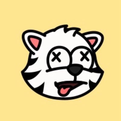A cartoon illustration of a white bear or raccoon-like face with X-shaped eyes and its tongue sticking out on a yellow background.