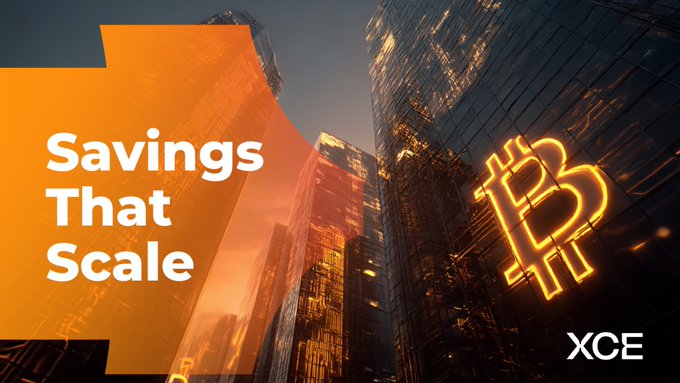 Promotional graphic with orange overlay reading "Savings That Scale" alongside an illuminated Bitcoin symbol on a skyscraper, branded "XCE" in the bottom right.