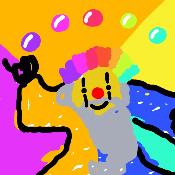 A brightly colored digital drawing of a clown with rainbow hair standing next to a horse, surrounded by floating colorful jellybean-like shapes.