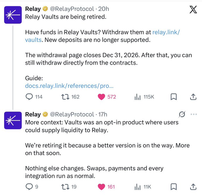 Two tweets from @RelayProtocol on X announcing 'Relay Vaults are being retired' and instructing users to withdraw funds before Dec 31, 2026, with a follow-up tweet providing context that the product is being retired in favor of a new version.