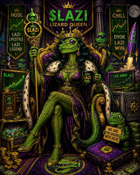 A fantasy illustration shows a green 'LAZI LIZARD QUEEN' wearing a crown and purple robes on a throne, surrounded by screens displaying '$LAZI' charts and cryptocurrency-related text like 'LAZI ARMY' and 'DYOR LAZI WIN'.