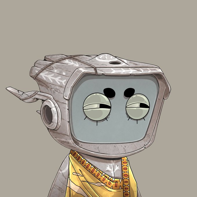 An illustration of a quirky robot character with a TV-shaped head displaying sleepy eyes, featuring a worn metallic body and a yellow cloth draped around its neck.