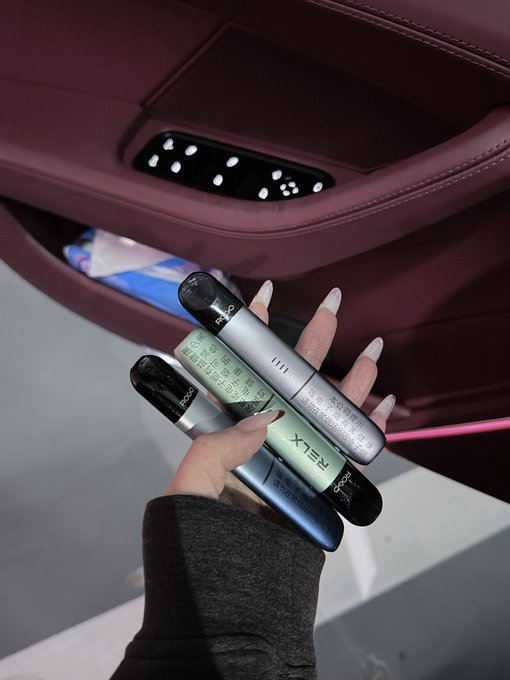 A hand holding three cosmetic pen products inside what appears to be a vehicle, with the pens displaying Chinese text and 'RELP' branding visible.