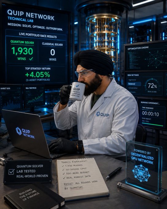 A man wearing a turban and lab coat drinks from a 'QUIP NETWORK' mug while working on a laptop in a technical lab setting; surrounding screens display 'QUANTUM SOLVER 1,930 WINS', 'TOP STRATEGY RETURN +4.05%', and 'RISK SETTINGS 72%'.