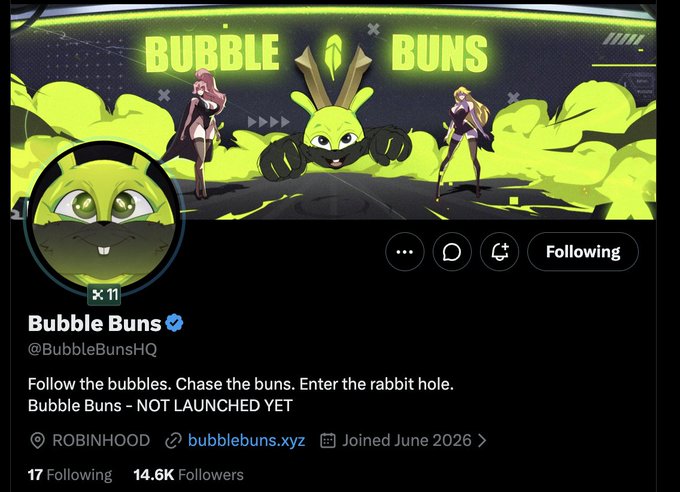 A screenshot of the X (Twitter) profile for "Bubble Buns" (@BubbleBunsHQ), showing a banner featuring cartoon rabbit characters with the text "BUBBLE BUNS," alongside the profile details: 14.6K followers, 17 following, joined June 2026, with the website bubblebuns.xyz listed as being on Robinhood. The post announces securing the @BubbleBunsHQ partnership for "Lakzone" with thanks to collaborators @bricexeth and @tessonchain.