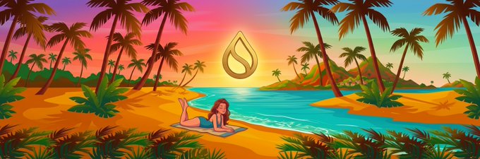 A tropical sunset beach scene with palm trees, a woman on a towel, and the Sui (S) logo in the sky.