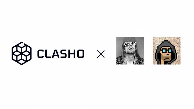 Promotional graphic featuring the "CLASHO" logo alongside a photo of a long-haired man wearing dollar-sign sunglasses and a pixel-art CryptoPunk, visually representing the collaboration or partnership being celebrated in the tweet about bringing creator punk6529 onto the Clasho platform.