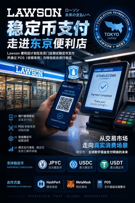 A Lawson convenience store promotional poster in Chinese and English about stablecoin payments ("STABLECOIN PAYMENT") being accepted at Lawson stores in Tokyo, Japan via POS systems.