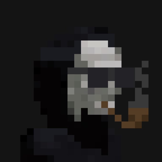 A dark, low-resolution pixel art figure with grey and brown elements stands against a black background.