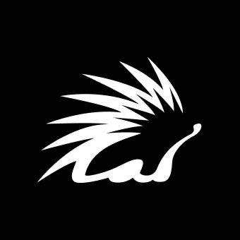 A white stylized hedgehog logo on a black background.
