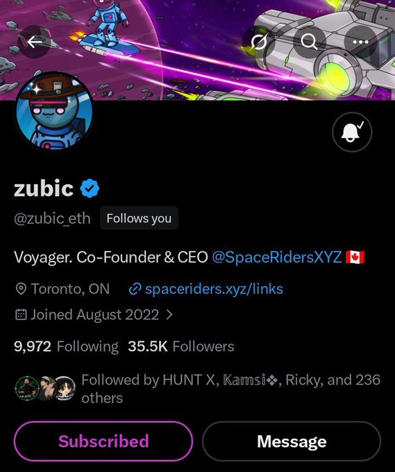 An X (Twitter) profile for zubic (@zubic.eth), Co-Founder & CEO of @SpaceRidersXYZ, based in Toronto, ON, with 35.5K followers and a 'Subscribed' button visible.