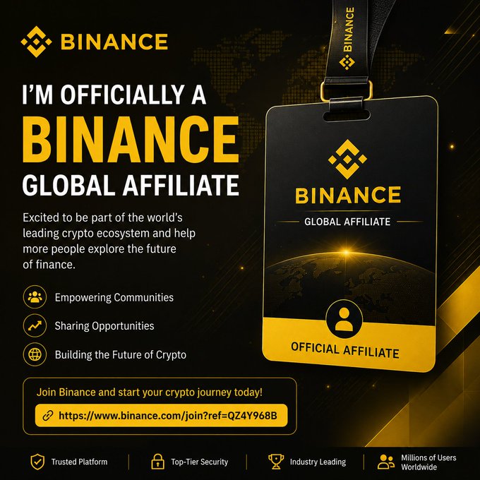 A promotional graphic announcing 'I'M OFFICIALLY A BINANCE GLOBAL AFFILIATE' featuring a digital ID badge, a referral link (https://www.binance.com/join?ref=QZ4Y96B), and highlights like 'Trusted Platform' and 'Top-Tier Security'.